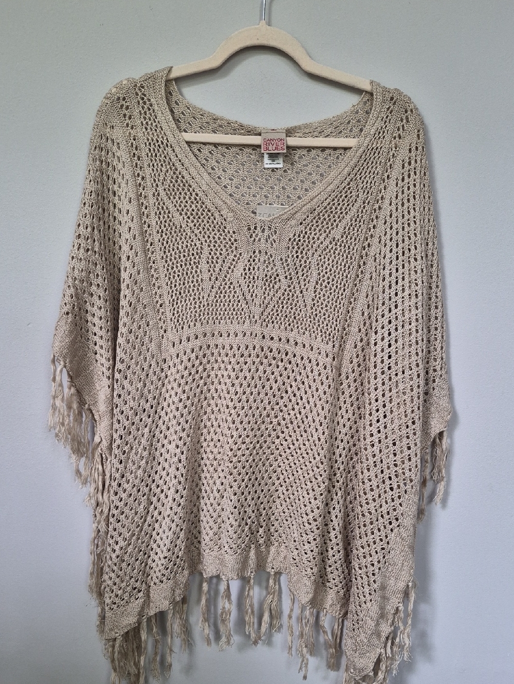 Canyon River Blues Open-Knit Cream Fringe Poncho Sweater Womens OS Vintage Sears